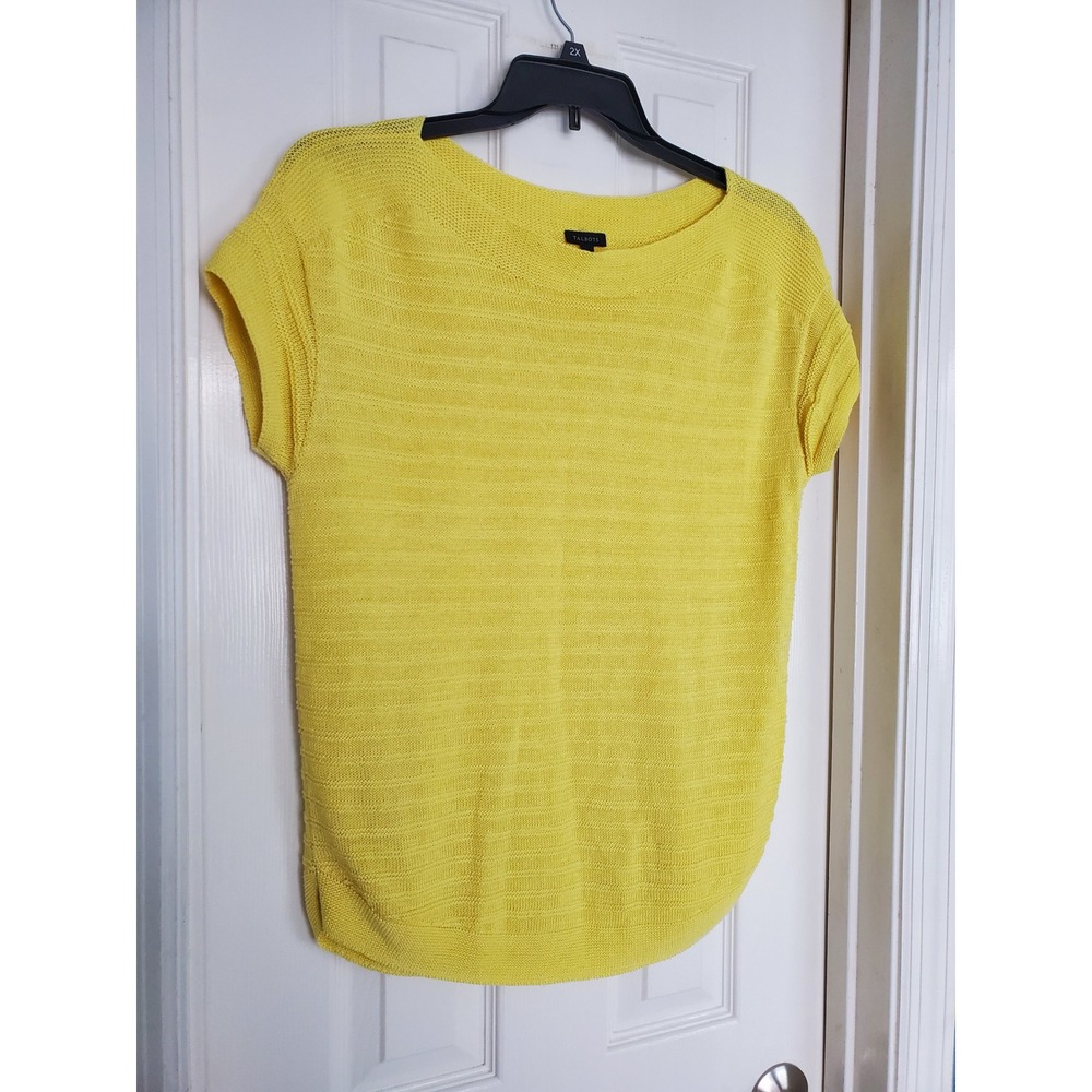 Talbots Linen Knit Sweater Yellow Short Sleeve Boatneck Top M Casual Fun Vibrant